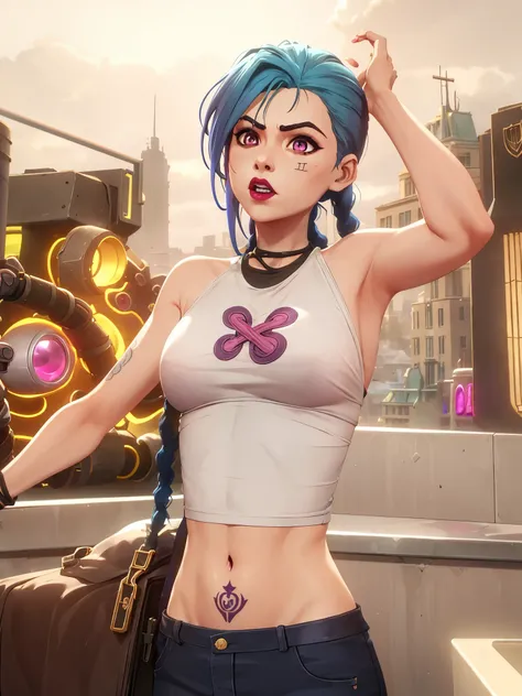 mysterious style,

1 girl, arm tattoo, asymmetrical Bangs, Bangs, blue hair, braid, brown shirt, cloud tattoo, looking at the audience, lol, crazy, 无法控制的lol声, crazy样子, night, City, green hair, long hair, diaphragm, pink eyes, red lips, shirt, alone, perman...