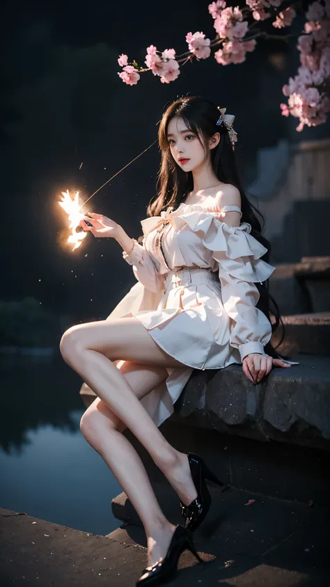 jirai kei attire, jirai kei, black thighhighs, high heels, (masterpiece, best quality:1.2), 1girl, solo, ((off shoulder clothes)), In the depths of Wonderland，The moonlight falls like water，foggy room，The figure of the heroine is vaguely visible，Just like ...