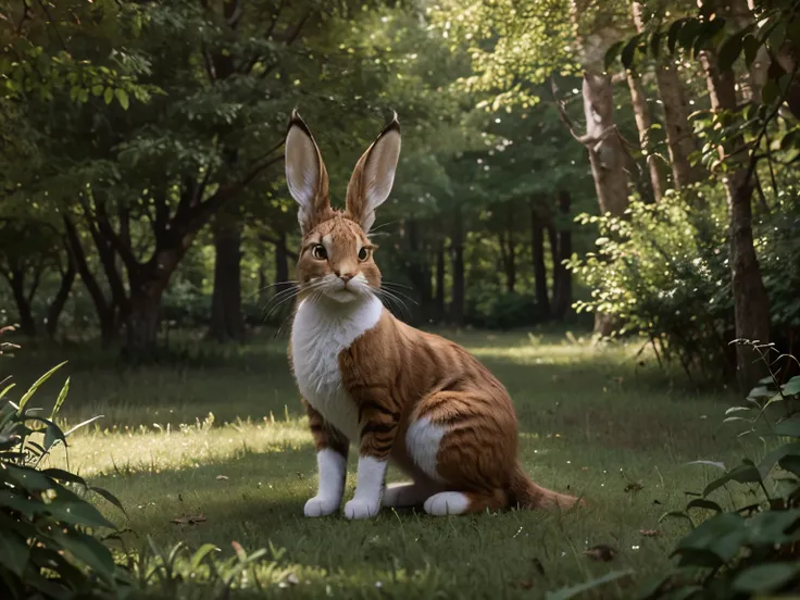 hare+cat, hare cat hybrid, Hyperrealism, Very fluffy, Cute, In a beautiful forest, 32K, art-fantasy