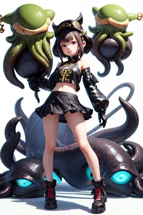 ((最好的质量)), ((杰作)), (详细的), 完美的脸, full body portrait, anime secondary, loli, cunning, 3d modeling, octopus hat, cthulhu, virtual anchor, more accessories, short skirt, cyberpunk, high resolution, white background