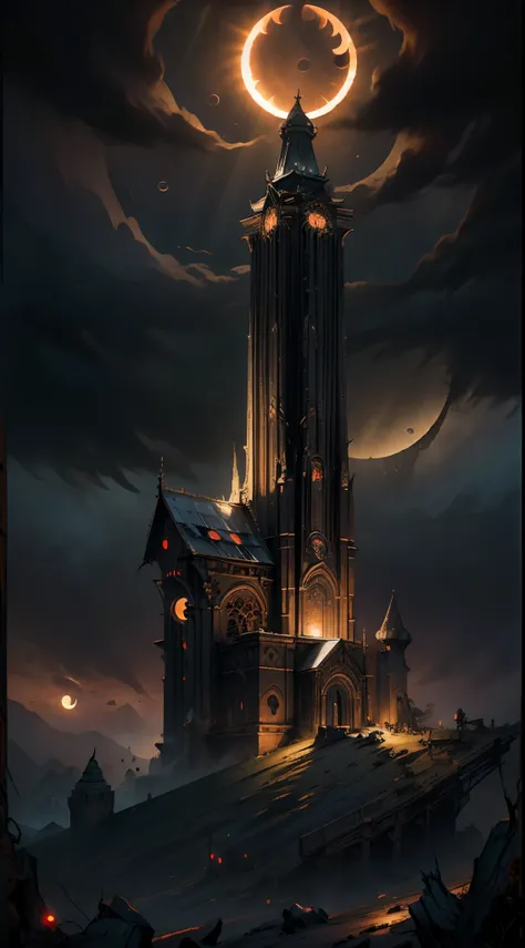 (masterpiece:1.5), best quality, extremly detailed, dark fantasy tower wtith spiky roof, wide base, dark tower, centered focus, view from the bottom of the tower, apocalypse, (solar eclipse:1.4), landscape, dark atmosphere, dark fantasy style, epic emotion...