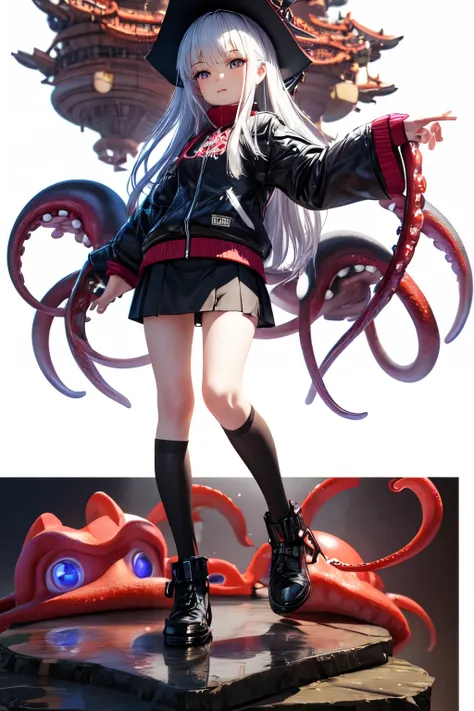 ((最好的质量)), ((杰作)), (详细的), 完美的脸, full body portrait, anime secondary, loli, cunning, 3d modeling, octopus hat, cthulhu, virtual anchor, more accessories, short skirt, cyberpunk, high resolution, white background