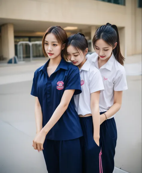 3 girls in fitness center, Navy blue short-sleeved shirt,Navy Long Trackpant,Sweatpants, Sweatpantsขายาว,25 year old girl, lesbian, sexy, exercise clothes, wet body, exercise clothes