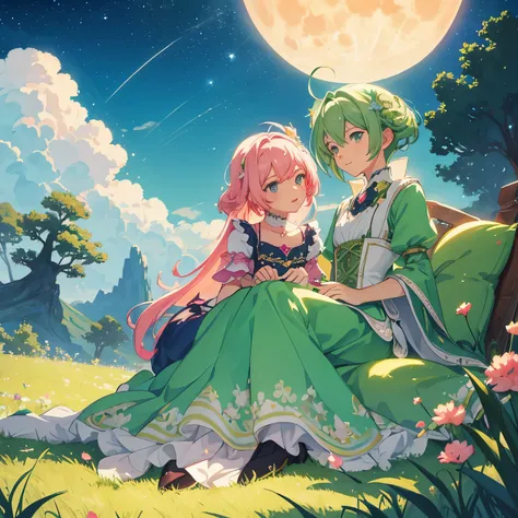 Masterpiece, two characters, sitting atop a green hill, gazing at a full moon with pink heart-shaped craters, adorable digital painting, cute and detailed digital art, digital anime illustration, captivating depiction of a boy and girl, by the hands of Cyr...