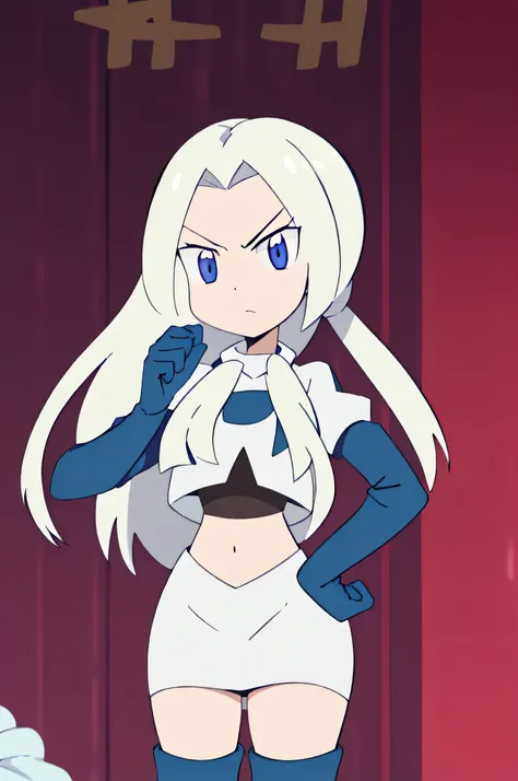 team rocket uniform, red letter r, white skirt, white crop top, black thigh-high boots, black elbow gloves, glaring angrily, looking at viewer, hands on hips, zettai ryouiki, Edelgard von Hresevelg