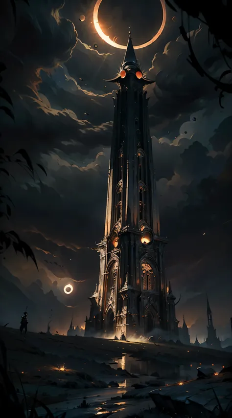 (masterpiece:1.5), best quality, extremly detailed, dark fantasy tower wtith spiky roof, wide base, dark tower, centered focus, view from the bottom of the tower, apocalypse, (solar eclipse:1.4), landscape, dark atmosphere, dark fantasy style, epic emotion...