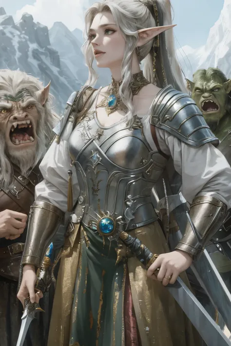8k, best quality, masterpiece, Very detailed, semi-realistic, 1 girl, adult, 20 years old, long hair, high ponytail, Bangs, Sword in hand, Elf,(Caught by orcs:1.3), struggle