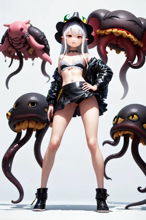 ((最好的质量)), ((杰作)), (详细的), 完美的脸, full body portrait, anime secondary, loli, cunning, 3d modeling, octopus hat, cthulhu, virtual anchor, more accessories, short skirt, cyberpunk, high resolution, white background,sexy