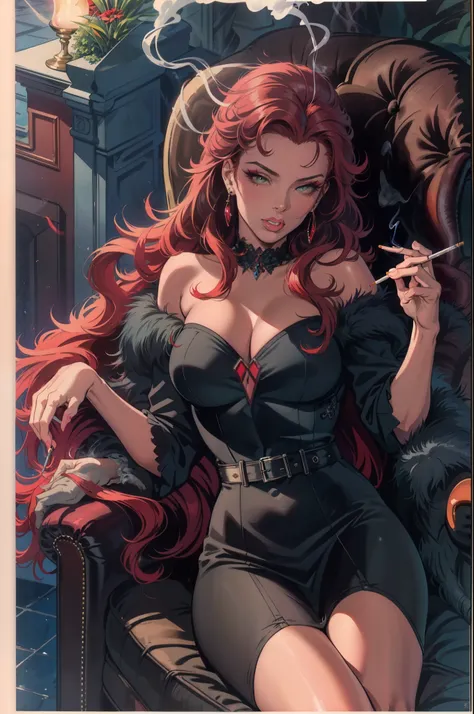 (masterpiece),(best quality),(ultra-detailed),(best illustration),(best shadow),(absurdres),(detailed background), full body shot, women, long red hair, 1950s, Black dress, make up, 1950s Club background, elegant, cigarette, smoking, sitting,