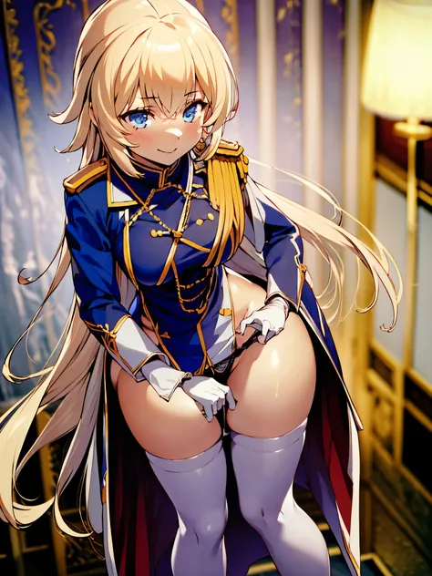 Yuinshiel Asteria, blonde long hair,(Epaulette blue long coat, red shirts, white skirts), blue eyes, white gloves, white thighhigh, (masterpiece:1.4), (high_resolution:1.4), ((realistic, photo-realistic:1.2), (high detailed skin:1.4), (light smile:0.9), (o...