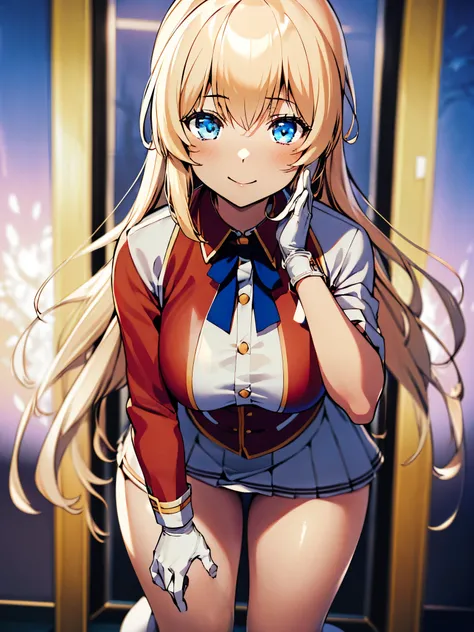 Yuinshiel Asteria, blonde long hair,(Epaulette blue long coat, red shirts, white skirts), blue eyes, white gloves, white thighhigh, (masterpiece:1.4), (high_resolution:1.4), ((realistic, photo-realistic:1.2), (high detailed skin:1.4), (light smile:0.9), (o...