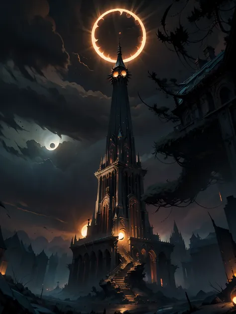 (masterpiece:1.5), best quality, extremly detailed, dark fantasy tower wtith spiky roof, wide base, dark tower, centered focus, view from the bottom of the tower, apocalypse, (solar eclipse:1.4), landscape, dark atmosphere, dark fantasy style, epic emotion...