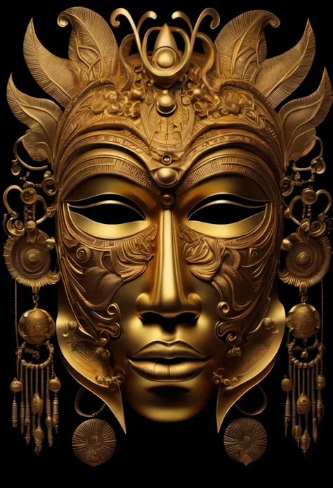 a closeup of a golden mask on a black background, afrofuturismo, afrofuturista, mask of african god, african mask, rosto intrinc...