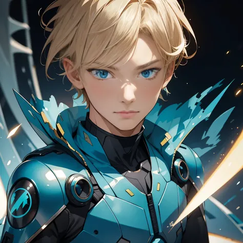 masterpiece, best quality, , 1boy, solo, male focus, looking at viewer, upper body, depth of field, anime coloring, realistic, blonde hair, aqua Blue eyes, camo costume, science fiction speculative fiction,