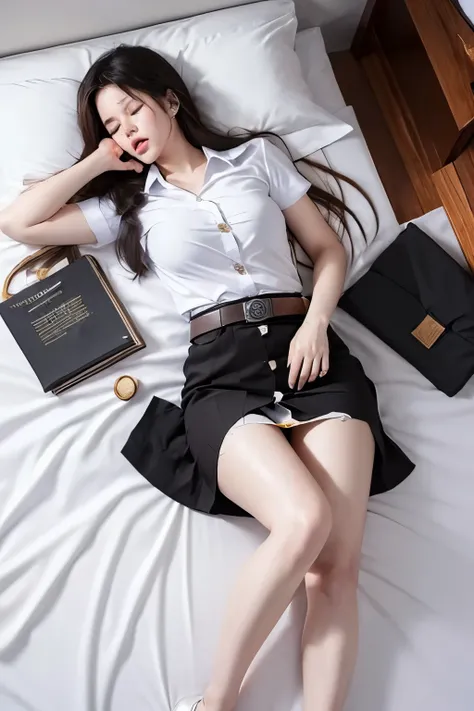 (perfect anatomy, anatomically correct, super detailed skin))), 1 woman, ((Thai university uniform:1.6)), from front, shiny skin, detailed hair, detailed face, detailed eyes, long hair, natural bangs, beautiful body, normal breasts, beautiful thighs, beaut...