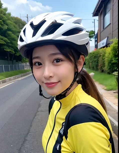 (highest quality、detailed、8K、masterpiece、Shot with a high-end camera)、cute japanese woman、cyclingウェア、cycling、Riding a bicycle、Road bike、Helmet