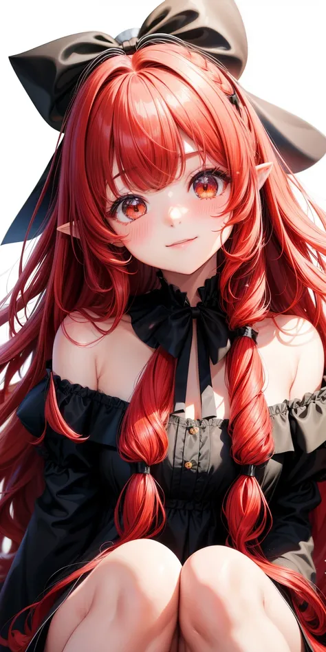 girl、white background、no background、カールしたlong hair、long hair、curly hair、Contrasting bangs、Red hair、Eyes are sparkling、highlight、black off-the-shoulder dress、black dress、a large ribbon on the head、All are displayed、photograph all hair、blush、smile、cute、no ba...