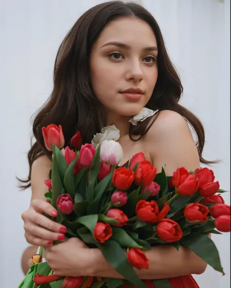 A girl with dark hair with red tulips in her hands