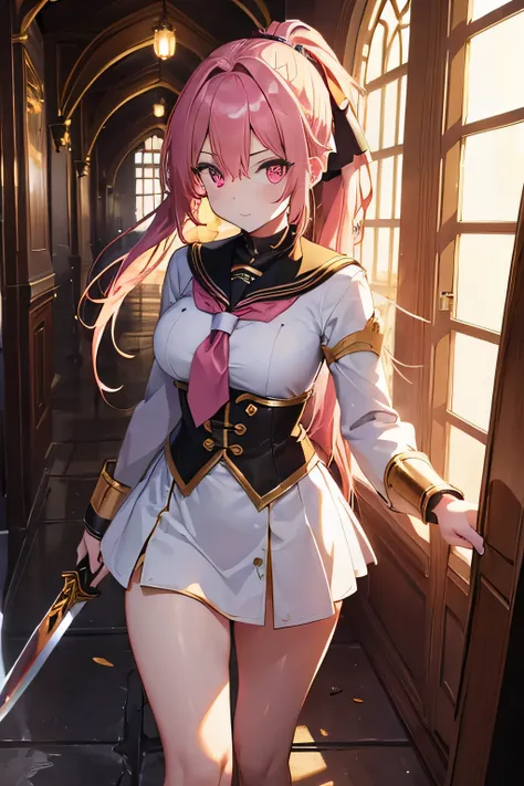 (High resolution, 4K, super detailed, masterpiece:1.2),Front view, one girl, shining pink eyes, pink hair, ((long and high ponytail:1.3)), sailor knight, ((Run towards me with a sword)), smile, murderous intent, lament, blood splatter, break, ((symmetrical...