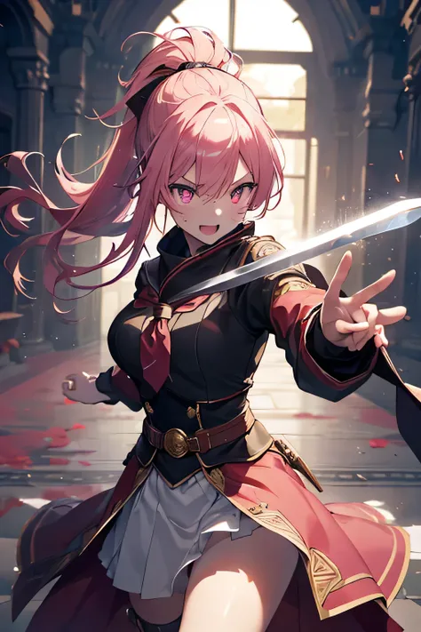 (High resolution, realistic, 4K, super detailed, masterpiece:1.2),1 girl, shining pink eyes, red pupil, pink hair, long and high ponytail, cowboy shot (no hat:1.3), dark sailor night, ((attack with a long sword)), Sword slash, Crazy laughter, flowing dress...