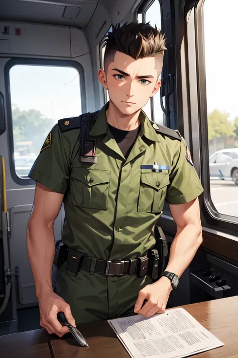 male paramedic with a brown mohawk and soft green eyes in military fatigues and carries a medical kit