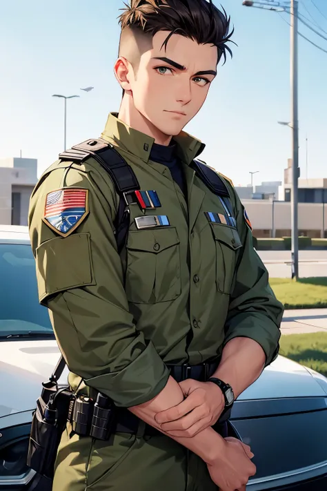 male paramedic with a brown mohawk and soft green eyes in military fatigues and carries a medical kit