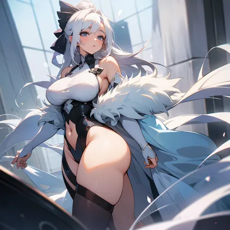 anime woman, white hair, breasts, mature, thick body, beautiful, sheer clothes