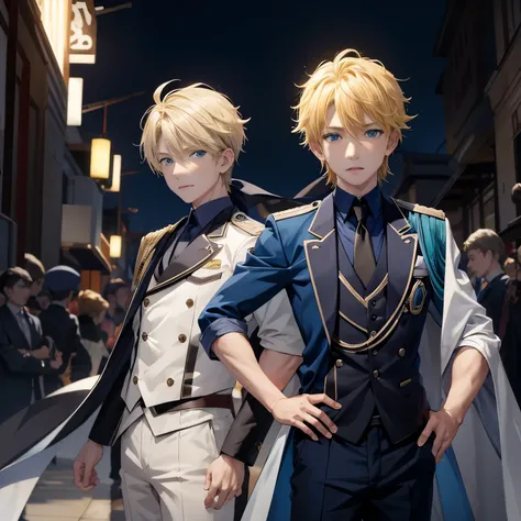 tsunashi ryuunosuke(idolish7), 独奏, 1 boy, Male Focus, Look at viewers, Yellow haired, Aqua Blue eyes, 鎖骨, put hands on the hip, Black prince uniform, Dark blue necktie, White Robe