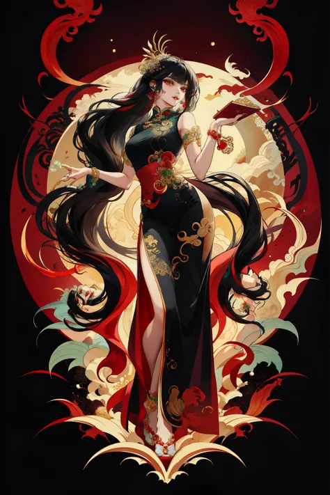 A bewitching Chinese-style beauty, with a captivating posture, holds a vibrant red card in her hand. Her intricately detailed features include almond-shaped, heavily lidded eyes, a sharp jawline, and a tiny button nose. Her long, raven-black hair cascades ...