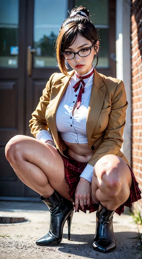 realistic , 1girl as shiraki meiko,hair bun, glasses,school uniform, black thighhighs, plaid skirt, knee boots, ribbon choker, brown jacket black bodysuit, sweat droplet over body, unzipped,striped, midriff, detailed eyes, detailed face, detailed skin,matu...