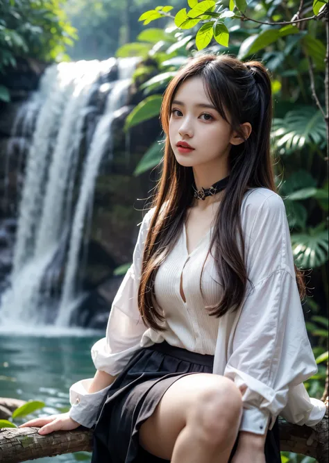 The shore of a large waterfall、lolita fashion、cute girl、16-year-old girl、sitting on a thick branch、I can see a small star、flowers around、in the deep forest、perfect lighting、sharp focus、High definition、high resolution、High color rendering、High resolution、Su...