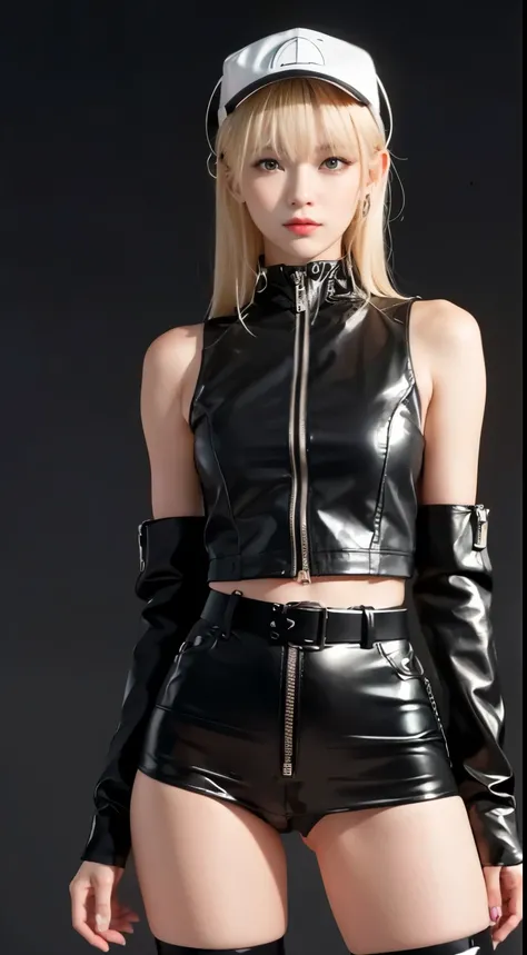 lolita, smile, 20-year-old, ((highest quality)), ((masterpiece)), (High resolution:1.3), ..3D, beautiful (cyber punk:1.3), stylish woman, watch camera black leather clothing, sleeveless, embarrassing, invisible waist skin, Blue-black leather pants, silver ...