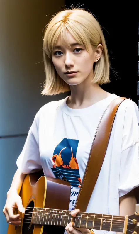 Guitar playing, street live, Shibuya, downtown, realistic, front, full body, T-shirt, daytime, blonde, Evangelion