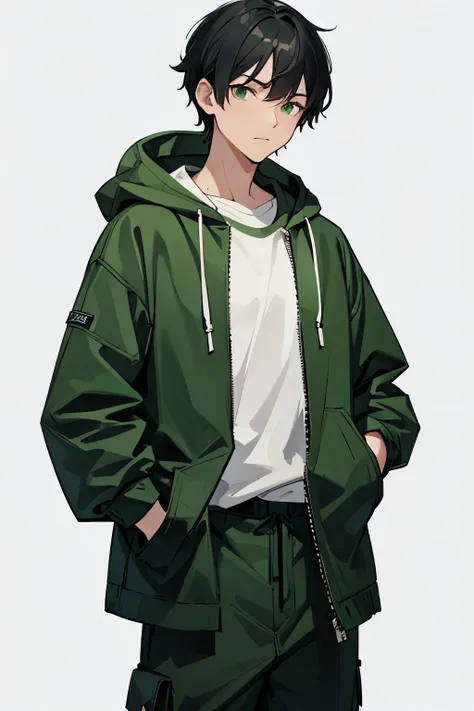 male, green clothes, wearing a hood, black hair, facing forward, no background, hands in pocket, shoot from front,