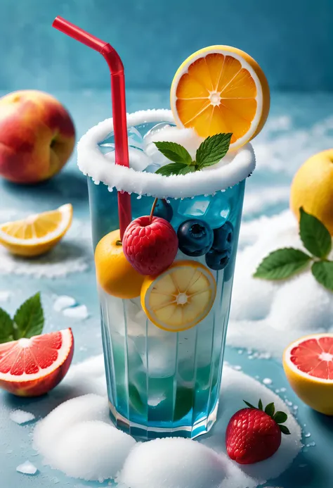 （creative font design，”2.14“，）ice texture，snow，cold，snow花，shattered，summer weather，delicious fruits，drinking straw