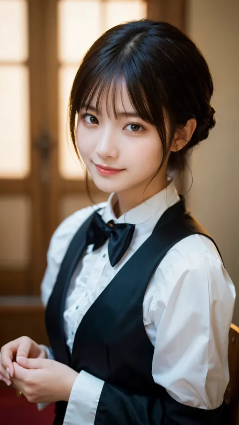 (highest quality,masterpiece:1.3,ultra high resolution),(Super detailed,caustics,8k),(photorealistic:1.4,RAW shooting),girl dressed as a butler,Japanese,boyish,smile,20-year-old,black hair short cut,looking at the camera,Inside a Western-style mansion,shot...