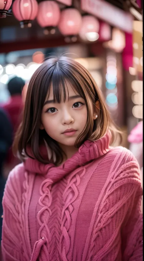 stand in japanese traditional street, in kyoto, japanese girl, 15 years old, little, cute,  (pink oversized knitted sweater:1.3), in the night, pupils sparkling, brown long hair, depth of field, f/1.8, anatomically correct, textured skin, super detail, hig...