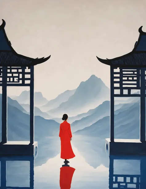 minimalist composition，the main color is chinese red、indigo，gouache painting，studio photos，ancient chinese red city wall gate，a ...