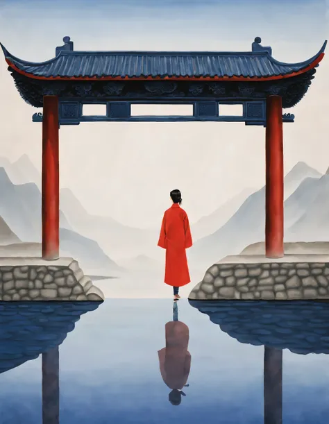 minimalist composition，the main color is chinese red、indigo，gouache painting，studio photos，ancient chinese red city wall gate，a ...