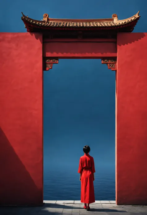 Simple composition ancient Chinese red city wall gate，along, The messy woman in red dress stands there，like walking into the city gate，Looking at the blue sky in the distance，blue aqua chinese red indigo， reflection，diffusion gradient，Liu Ye，Sense of space...