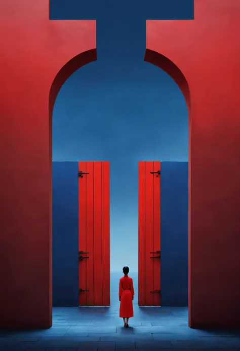 Simple composition ancient Chinese red city wall gate，A woman in red is standing there，like walking into the city gate，Looking at the blue sky in the distance，blue aqua chinese red indigo， reflection，diffusion gradient，Liu Ye，Sense of space ，sense of lines...