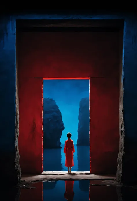 Minimalist composition of ancient Chinese red city gate，A woman in red stands at the door，As if looking at the blue sky in the distance，Rear view，Behind the woman is blue water and indigo， reflection，diffusion gradient，Liu Ye，Sense of space ，sense of lines...