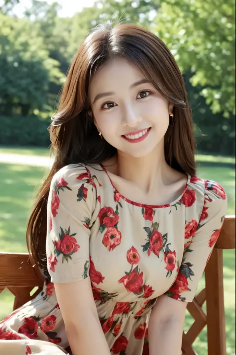 ((Top quality, 8K, Masterpiece: 1.3)), Beauty, Pure, Melon face, Kind and cute, Sweet smile, Pure desire, Slender body, (Front), (Tilted head), ((Looking at camera)) , wearing a patterned dress, black silky long hair, long shoulders, round black big eyes, ...