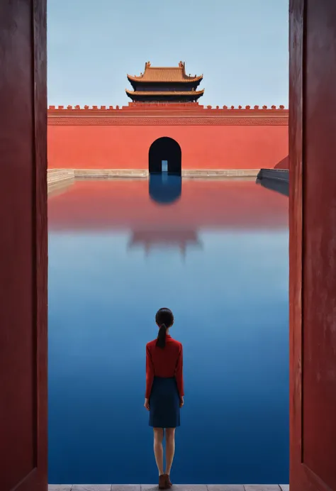 Minimalist composition of ancient Chinese red city gate and tower，A woman stands in front of the door，woman&#39;s back，Reddish blue， Reflection in the water，
diffusion gradient，Liu Ye，Sense of space ，sense of lines，translucent，matte texture，chenjialing，And...