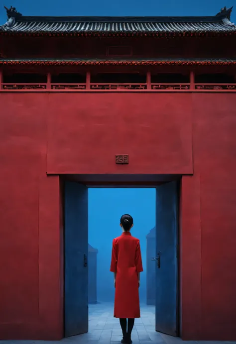 Minimalist composition of ancient Chinese red city gate and tower，A woman stands in front of the door，Rear view，Reddish blue， reflection，diffusion gradient，Liu Ye，Sense of space ，sense of lines，translucent，matte texture，chenjialing，Ando，Liu Ye，Minimalism