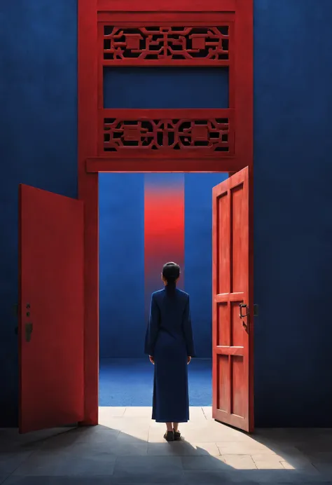 Minimalist composition of ancient Chinese red city gate and tower，A woman stands in front of the door，Rear view，
Chinese red indigo， reflection，diffusion gradient，Liu Ye，Sense of space ，sense of lines，translucent，matte texture，chenjialing，Ando，Liu Ye，Minim...