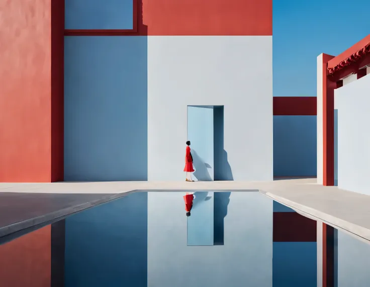 simple composition of red palace walls in china，a door，a person's background，blue sky，
reflection，diffusion gradient，liu ye，sens...