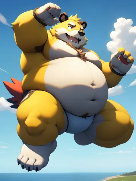 Alone，male people，chubbinesat minora，Upper body， Detailed pubic hair， A high resolution，， tmasterpiece，Excessive obesity，Obesity in the extremities，Lift your feet，foot in the air，sheath, Semi-erect,big  ball,飞在空中，sky，naked，fly，roadhog，Grizzbolt