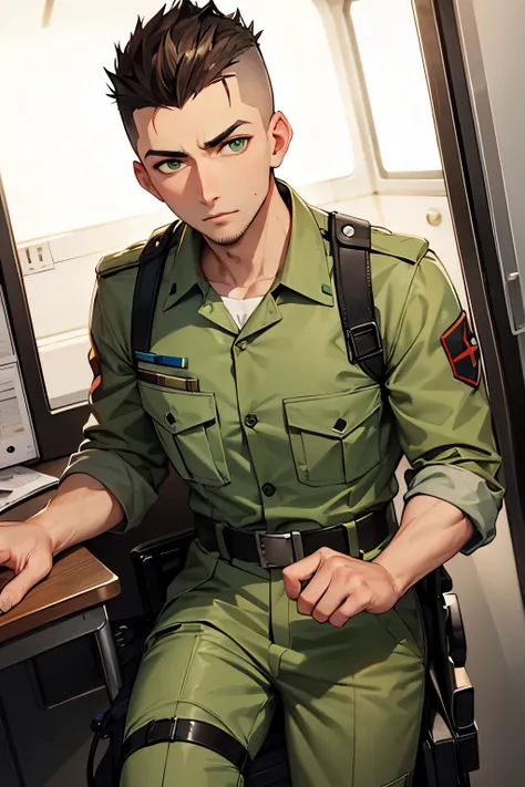 male paramedic with a brown mohawk and soft green eyes in military fatigues and carries a medical kit