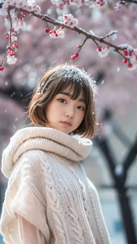 standing under the cherry tree, japanese girl, 15 years old, , cute girl, (white oversized knitted sweater:1.3), snowing, pupils sparkling, brown short hair, depth of field, f/1.8, perfect face, super detail, high details, high quality, super detail, high ...